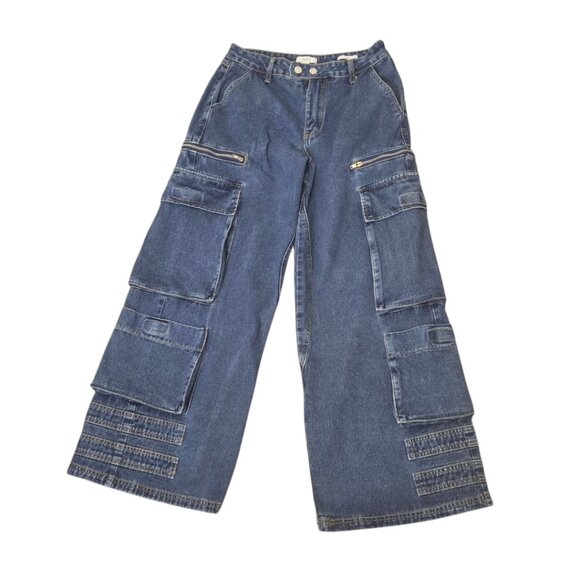 Forever 21 Women's Sz 27 Wide Leg Cargo Jeans Multi Zip Velcro Flap Pockets - Picture 1 of 5